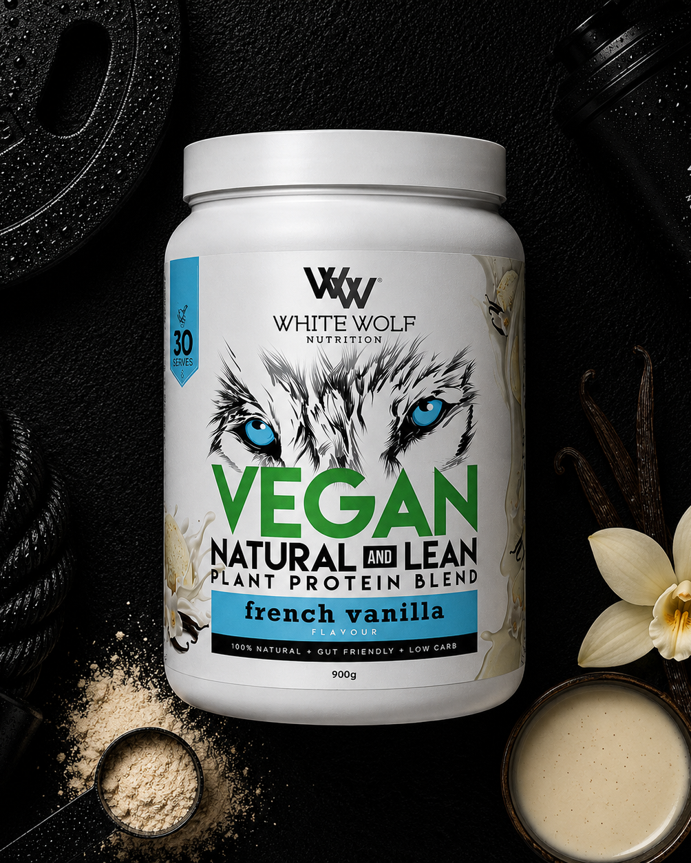 White Wolf Nutrition Vegan Protein Blend container with vanilla flower and protein powder on a dark background