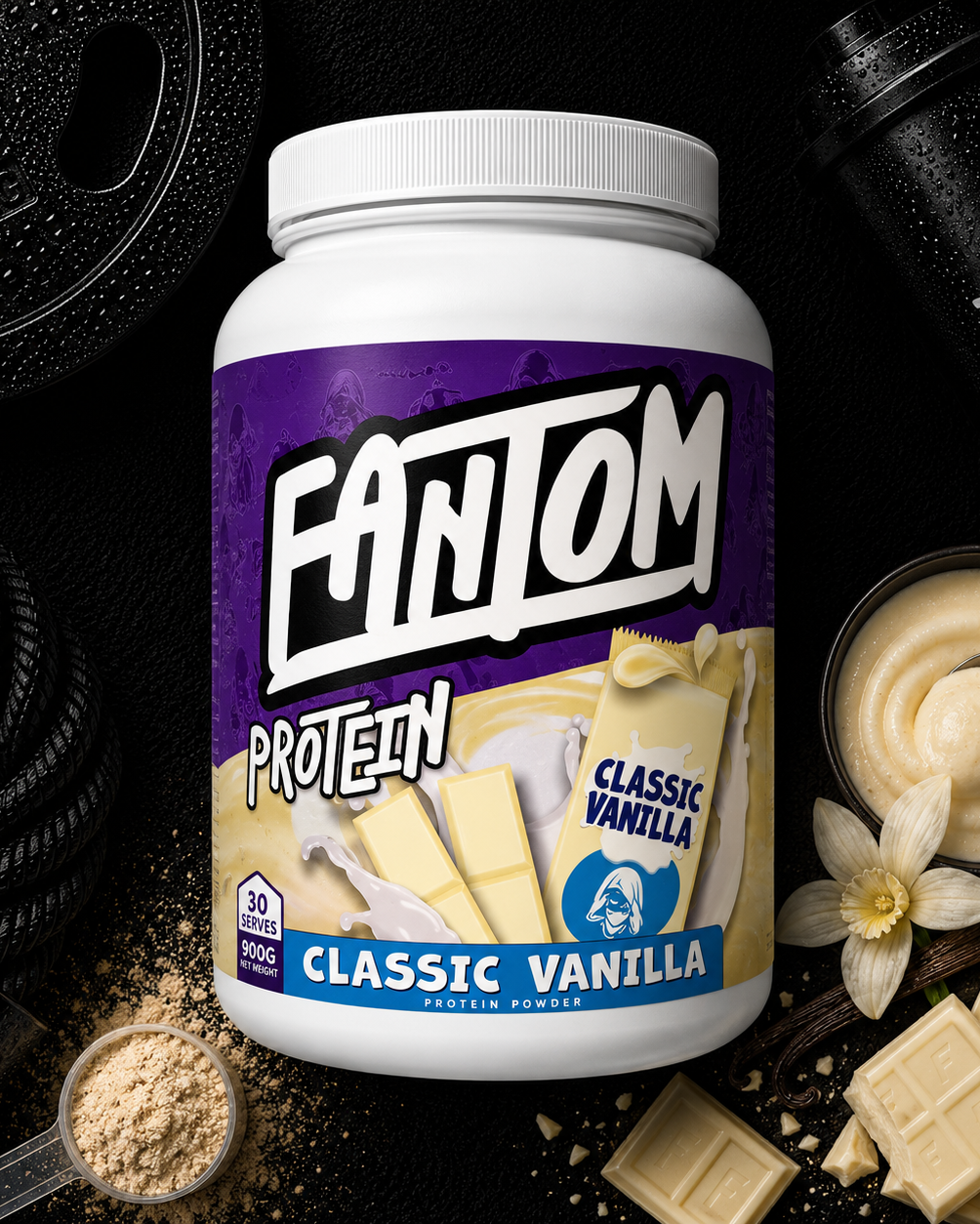 Fantom Protein Classic Vanilla powder container with vanilla elements on a dark background