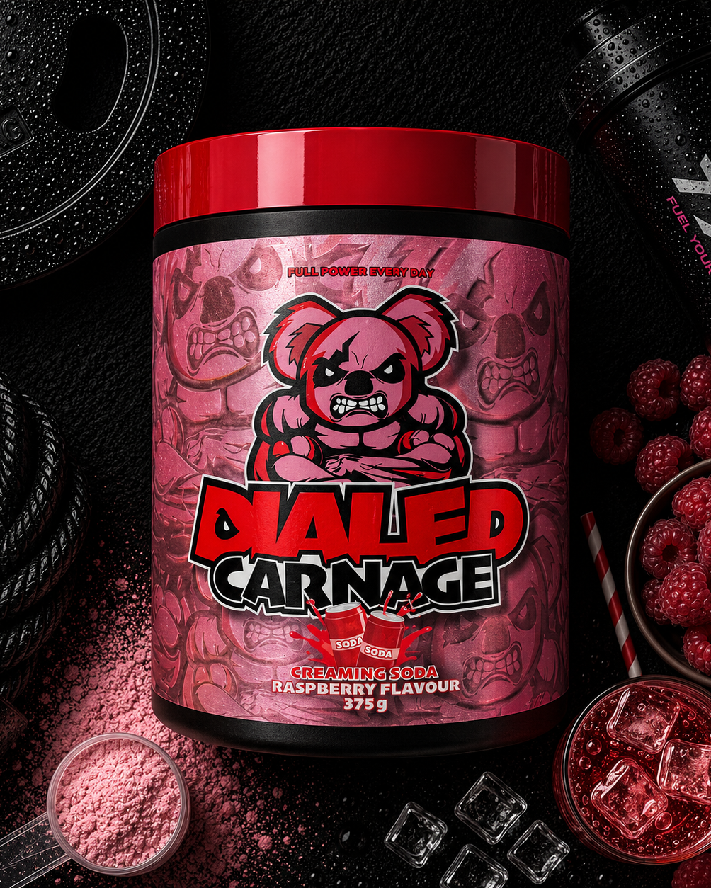 Supplement container labeled 'Dialled Carnage' with raspberry flavor on a dark background.