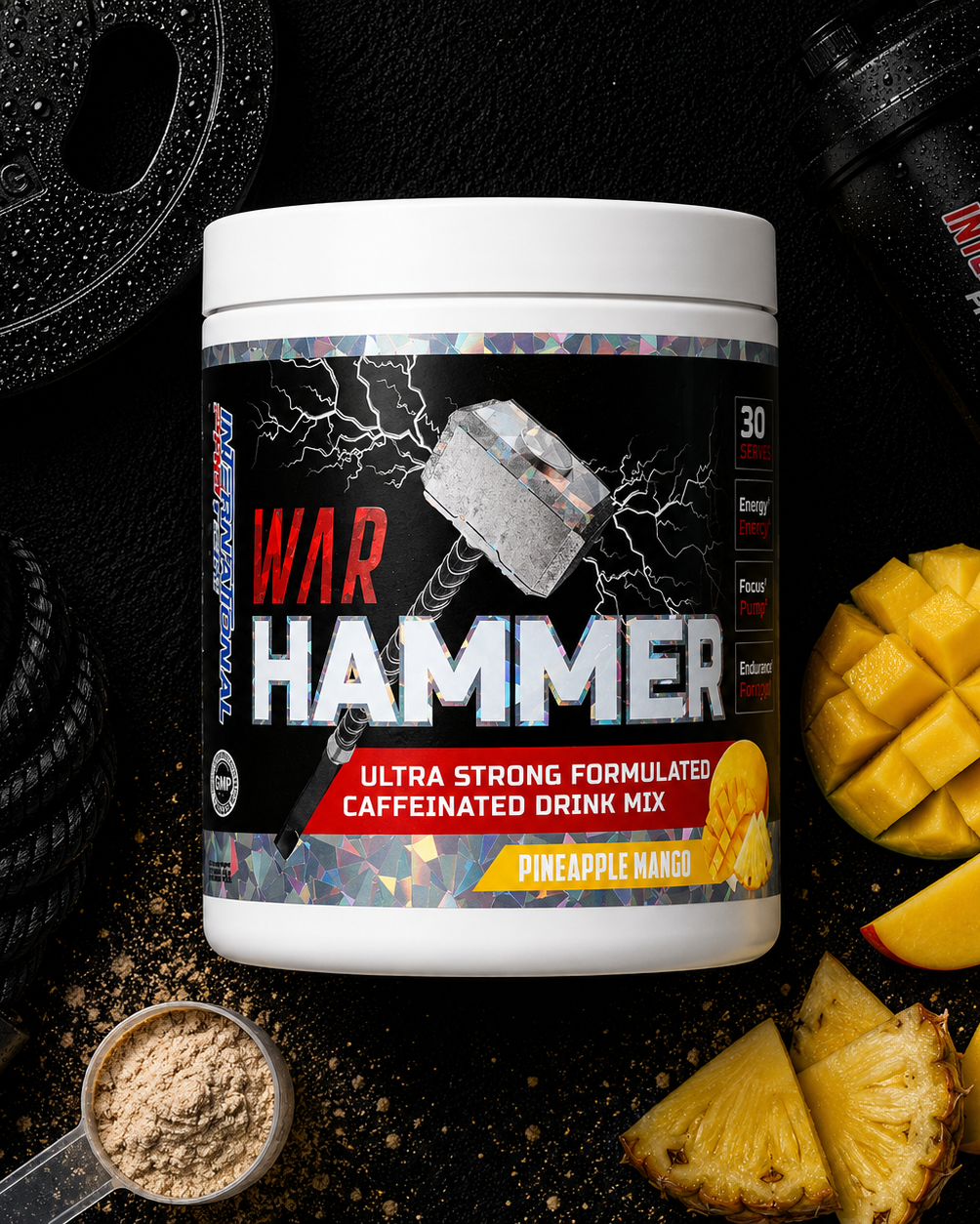War Hammer supplement container with pineapple, mango, and measuring spoon on a dark background