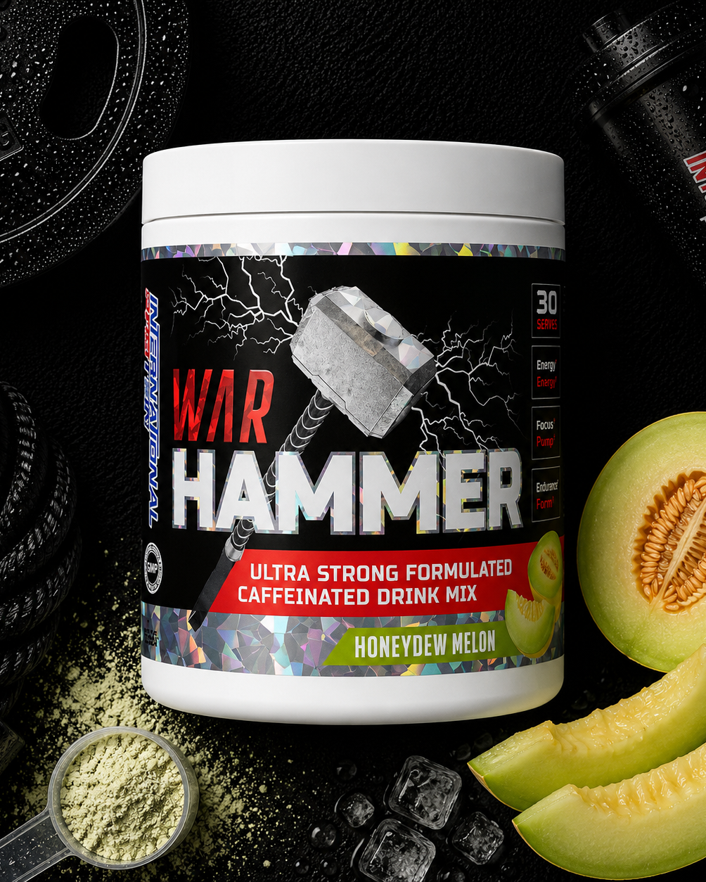 War Hammer caffeineinated drink mix container with honeydew melon slices on a dark background