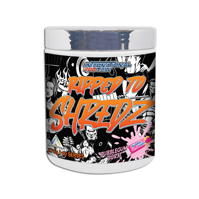 Container of International Protein Ripped to Shredz supplement with colorful design and text.